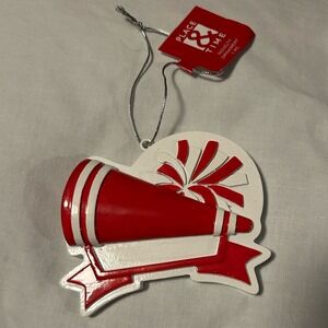 Place & Time Red White Cheerleader Megaphone Pom Pom Ornament 2005-2833